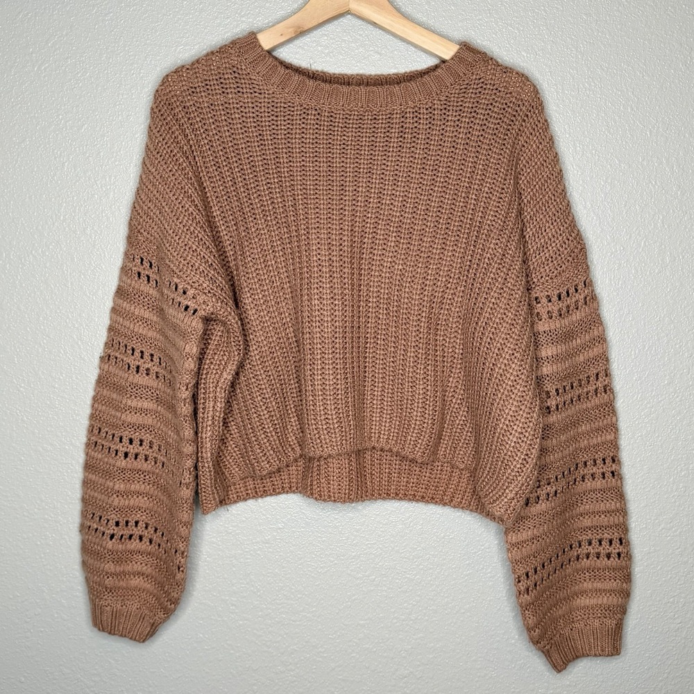 Moon & Madison Brown Cropped Knit Sweater M Balloon Sleeve Cozy Boho‎ Cabincore